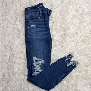 American Eagle Outfitters Women's Dark Blue Ripped Skinny Jeans